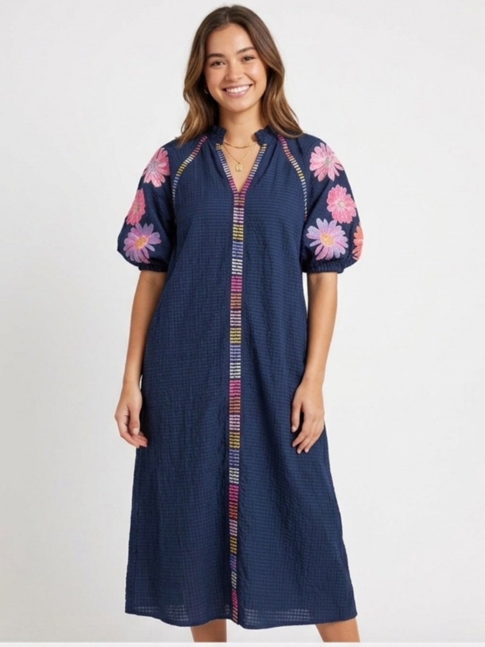 THML Embroidered Navy Floral Midi Dress
